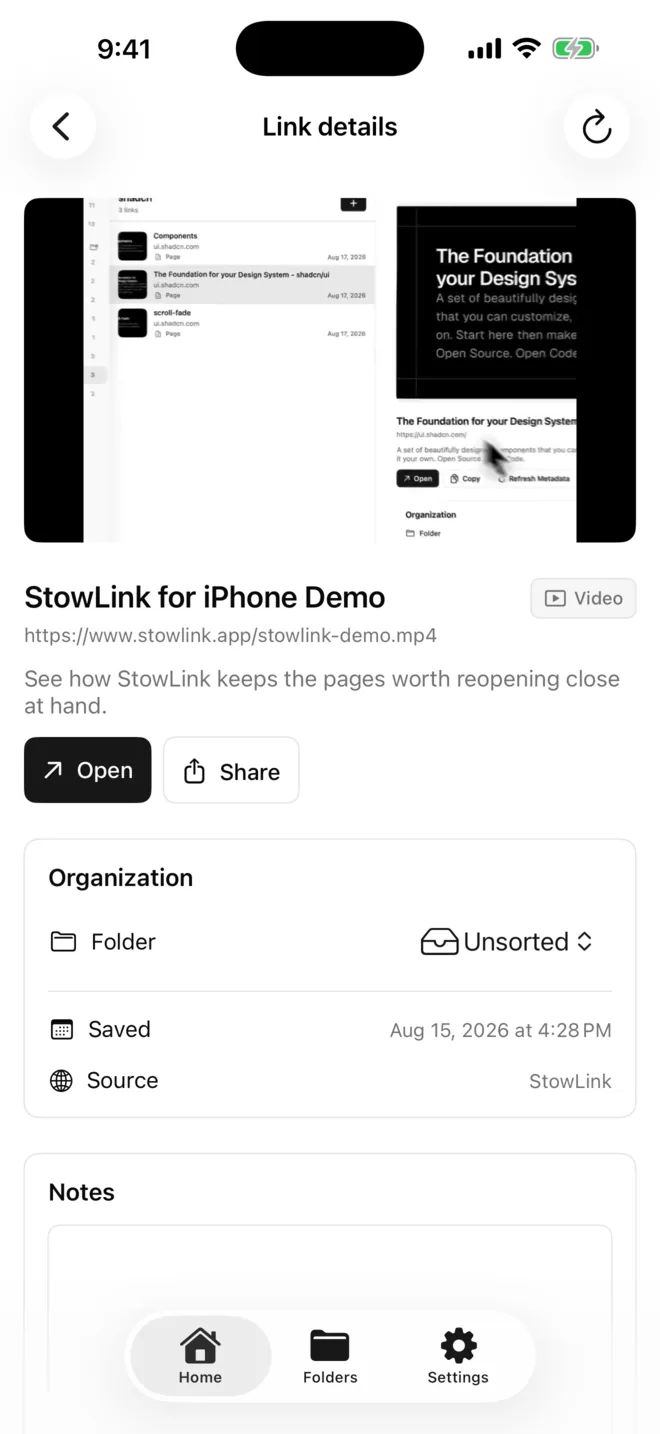 StowLink for iPhone showing a saved video with preview and notes