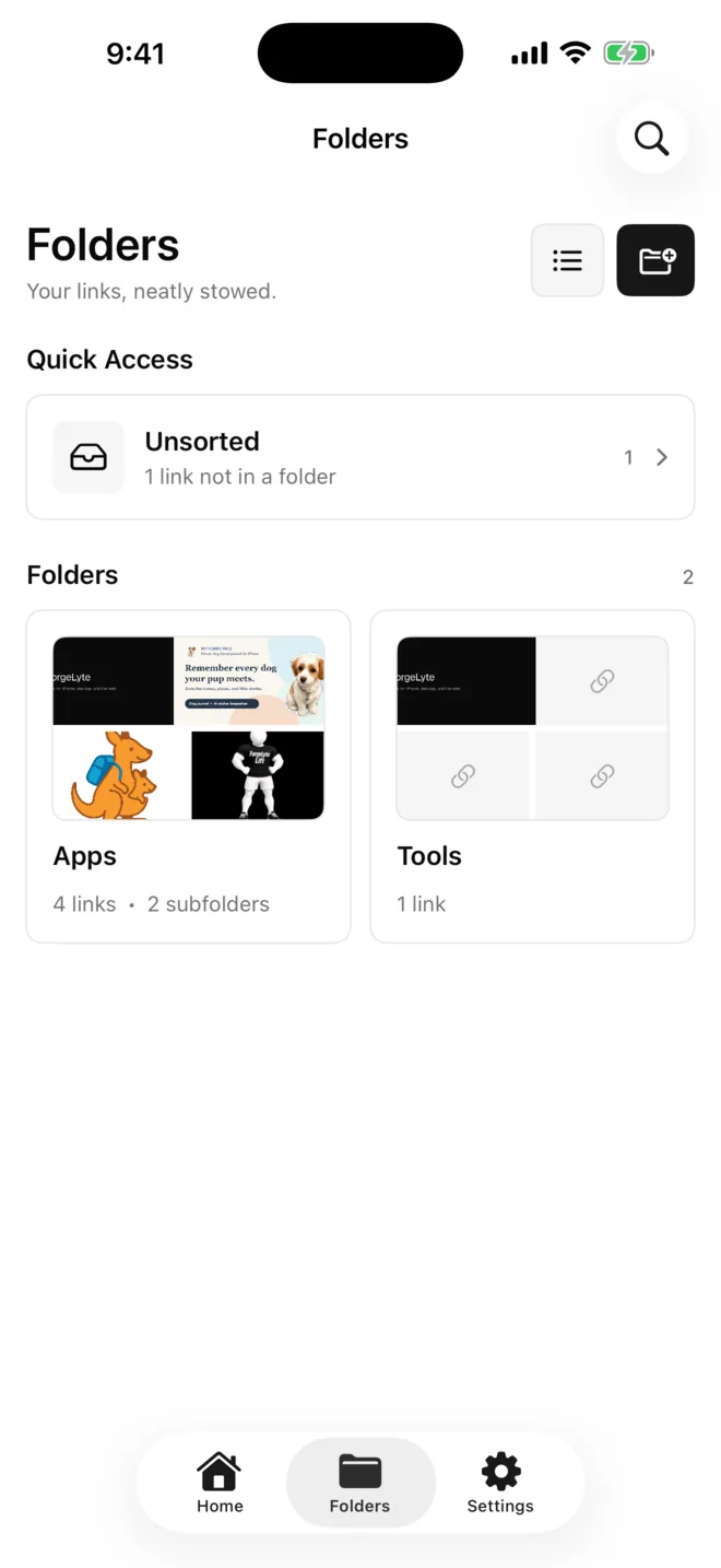 StowLink for iPhone showing nested folders for Apps and Tools