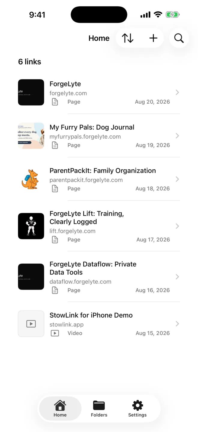 StowLink for iPhone showing the Home library of saved links
