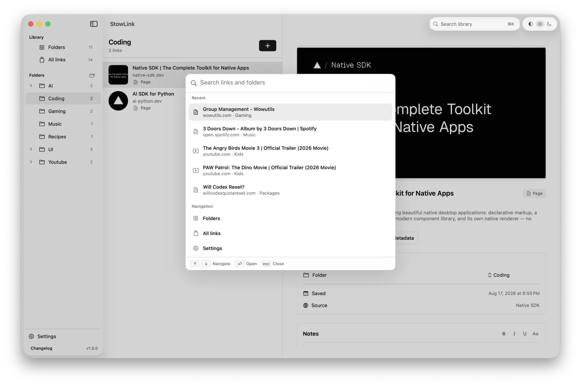 StowLink Spotlight Search overlay with recent links, folders, and keyboard shortcuts